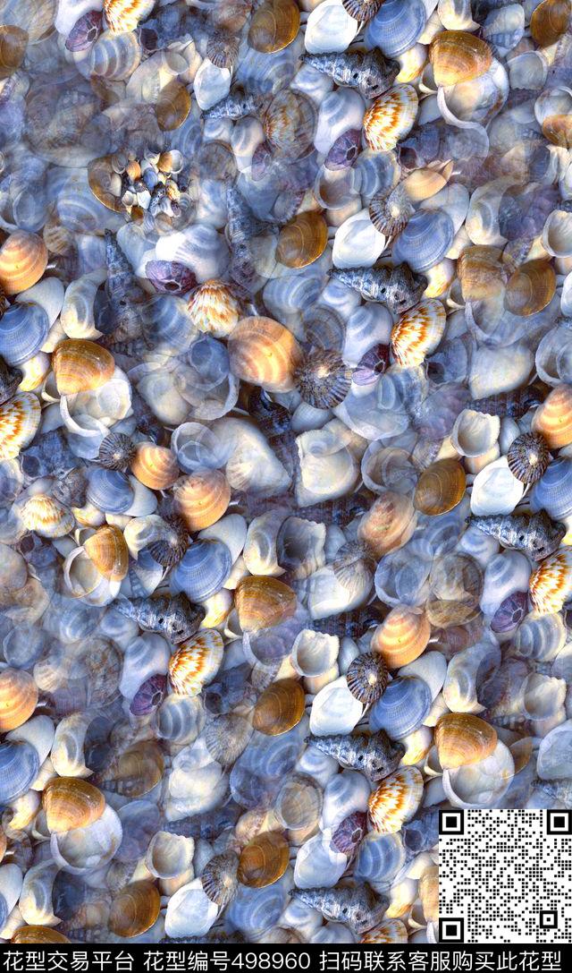 u时尚复古民族风青花瓷色海滩休闲沙滩贝壳风数码印花华亿平台下载（图片编号: 498960） - 瓦栏（Walan）