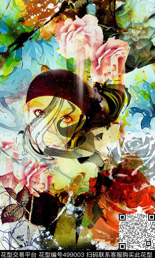 抽象花卉人物画女士衬衫定位T恤数码印花华亿平台下载（图片编号: 499003） - 瓦栏（Walan）