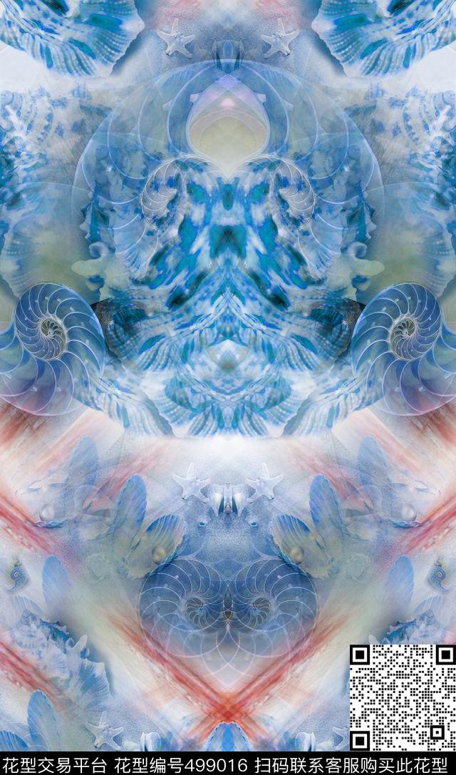复古中国风青花瓷色宫廷风休闲时尚海螺纹数码印花华亿平台下载（图片编号: 499016） - 瓦栏（Walan）