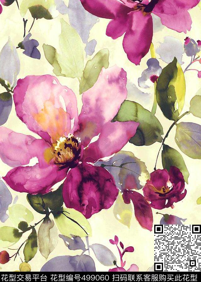 甜美清新手绘水彩花卉数码印花华亿平台下载（图片编号: 499060） - 瓦栏（Walan）