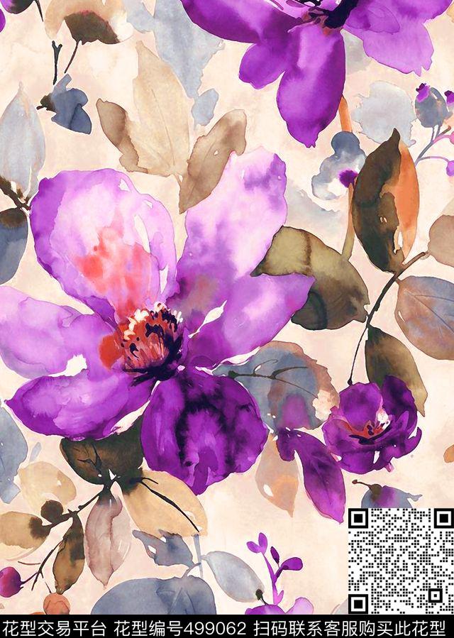 甜美清新手绘水彩花卉数码印花华亿平台下载（图片编号: 499062） - 瓦栏（Walan）