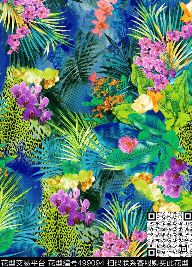 豹纹加花卉精品女装时尚热带雨林数码印花华亿平台下载（图片编号: 499094） - 瓦栏（Walan）