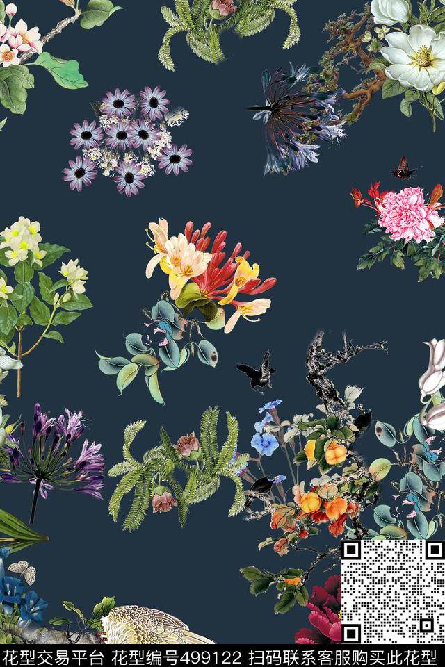 花卉组合牡丹花现代中国风数码印花华亿平台下载（图片编号: 499122） - 瓦栏（Walan）