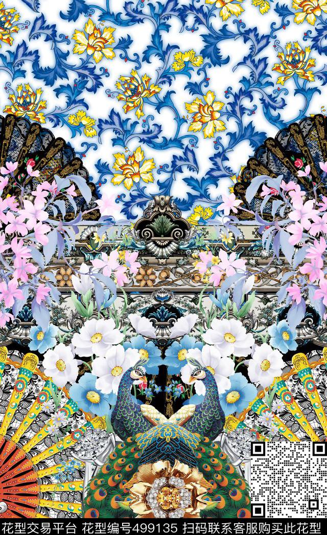 潮流时尚宫廷风扇子孔雀数码印花华亿平台下载（图片编号: 499135） - 瓦栏（Walan）