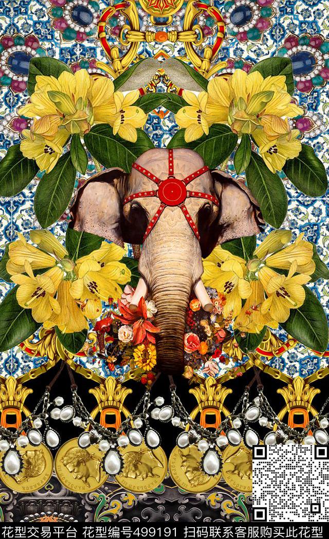 潮流时尚大象定位手绘花数码印花华亿平台下载（图片编号: 499191） - 瓦栏（Walan）