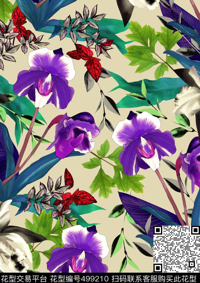秋冬手绘花卉手绘植物数码印花华亿平台下载（图片编号: 499210） - 瓦栏（Walan）