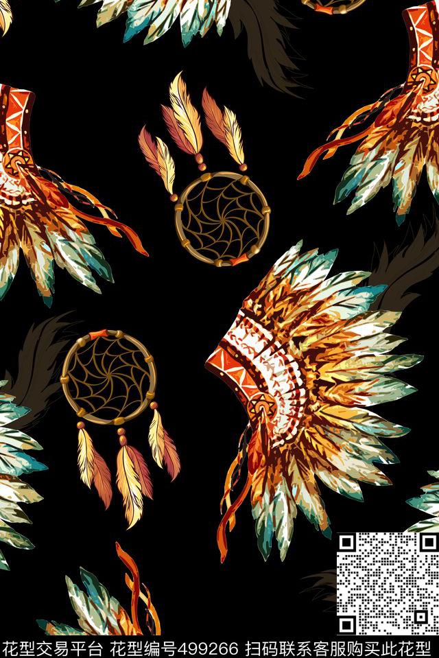 写实印第安头饰羽毛数码印花华亿平台下载（图片编号: 499266） - 瓦栏（Walan）