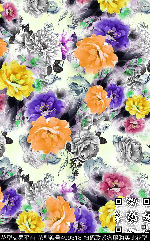 大花花朵花卉数码印花华亿平台下载（图片编号: 499318） - 瓦栏（Walan）