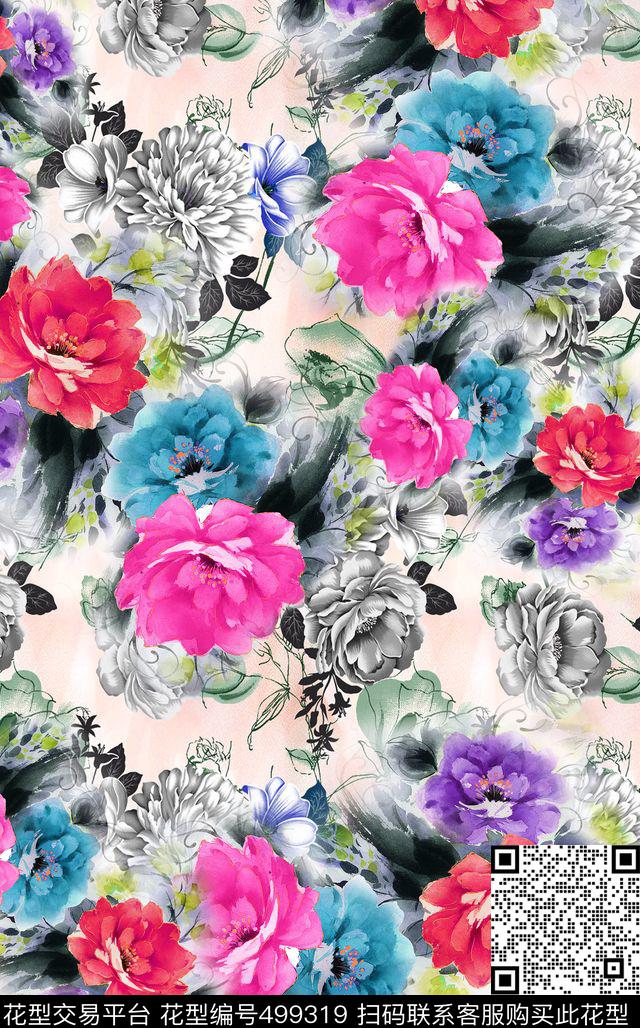 大花花朵花卉数码印花华亿平台下载（图片编号: 499319） - 瓦栏（Walan）
