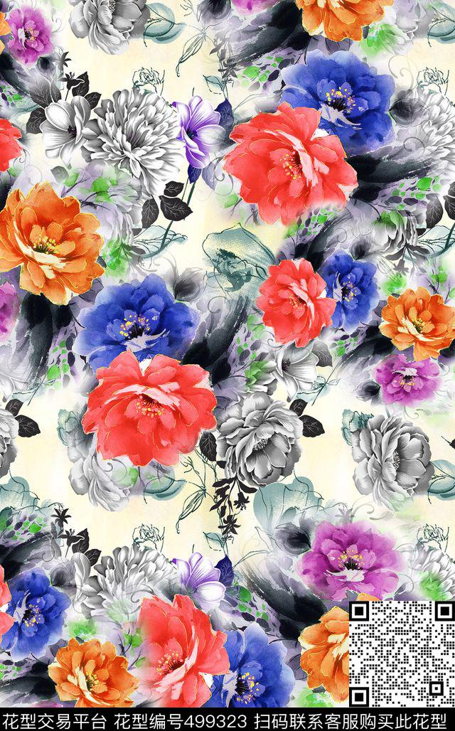 大花花朵花卉数码印花华亿平台下载（图片编号: 499323） - 瓦栏（Walan）
