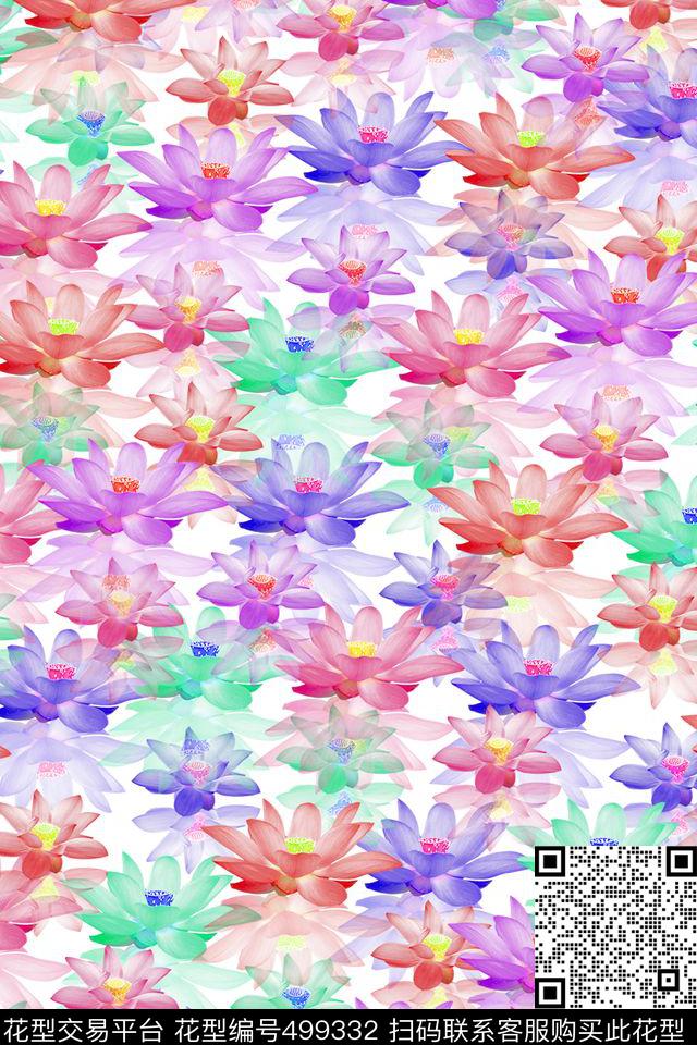手绘荷花小碎花数码印花华亿平台下载（图片编号: 499332） - 瓦栏（Walan）