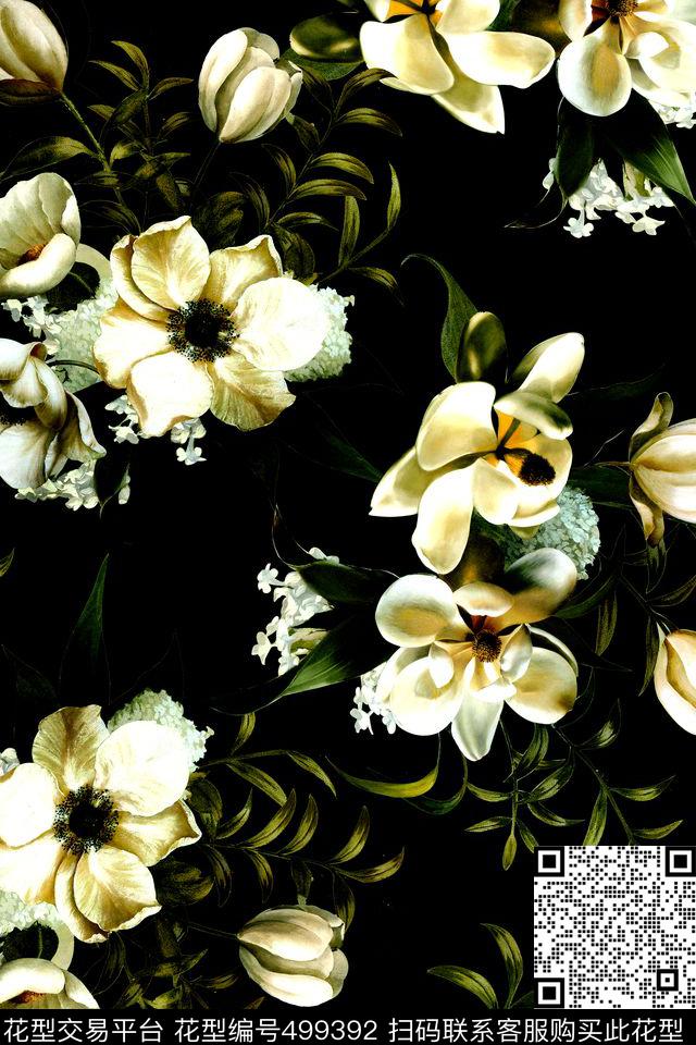 时尚玉兰花花卉数码印花华亿平台下载（图片编号: 499392） - 瓦栏（Walan）
