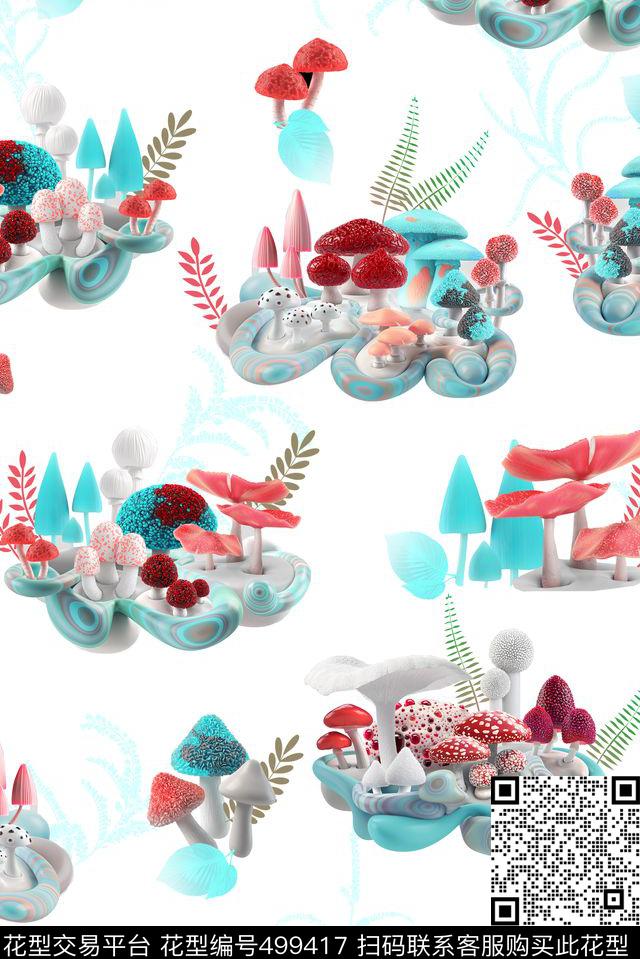 蘑菇手绘叶子数码印花华亿平台下载（图片编号: 499417） - 瓦栏（Walan）