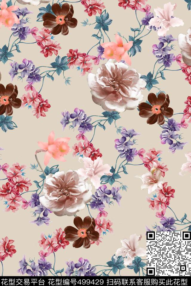 花卉手绘小花数码印花华亿平台下载（图片编号: 499429） - 瓦栏（Walan）