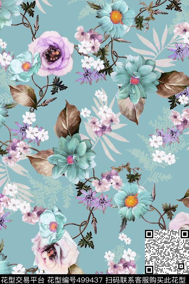 花藤手绘小花数码印花华亿平台下载（图片编号: 499437） - 瓦栏（Walan）