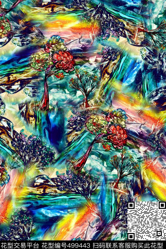 抽象风景树数码印花华亿平台下载（图片编号: 499443） - 瓦栏（Walan）