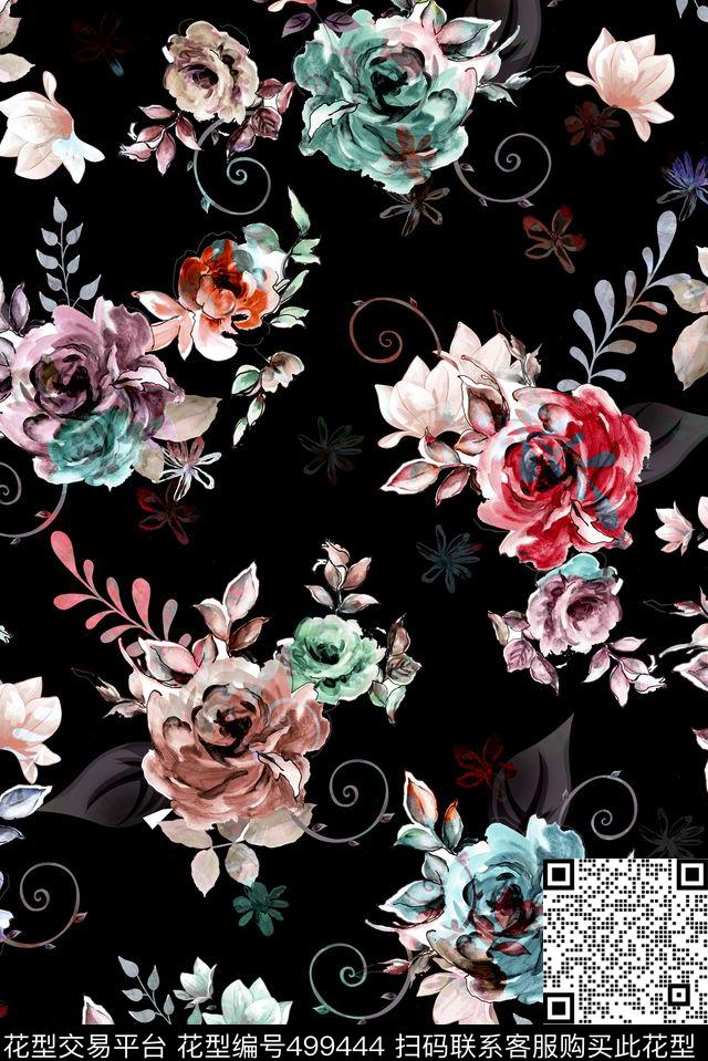花卉手绘藤条数码印花华亿平台下载（图片编号: 499444） - 瓦栏（Walan）