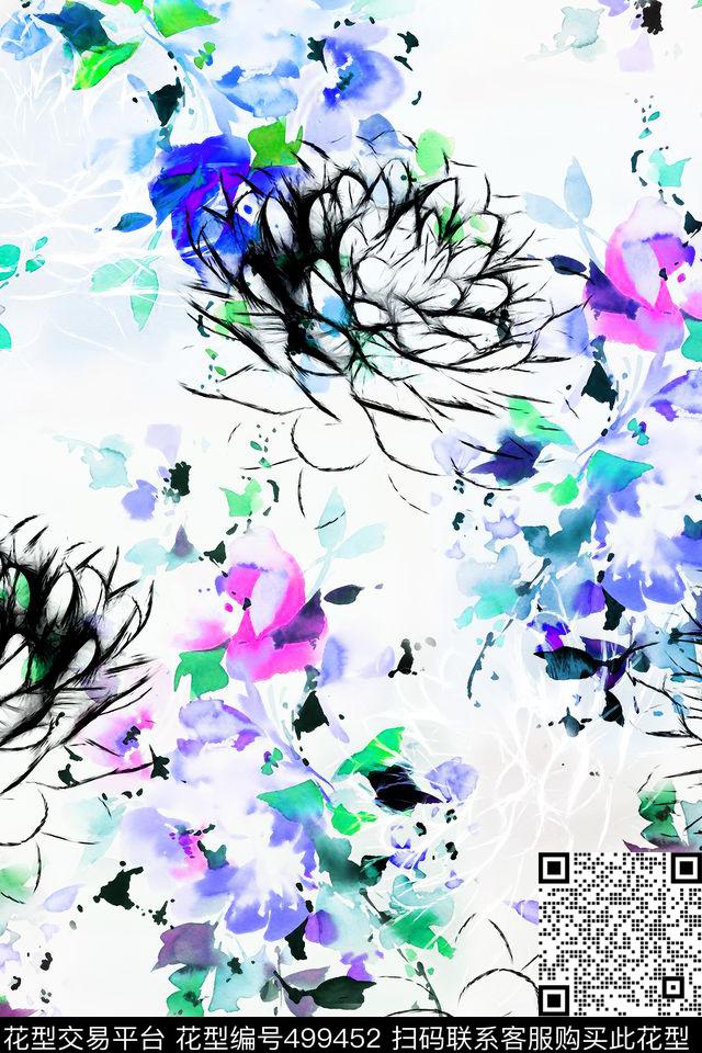 花卉手绘水彩花卉花卉剪影组合数码印花华亿平台下载（图片编号: 499452） - 瓦栏（Walan）