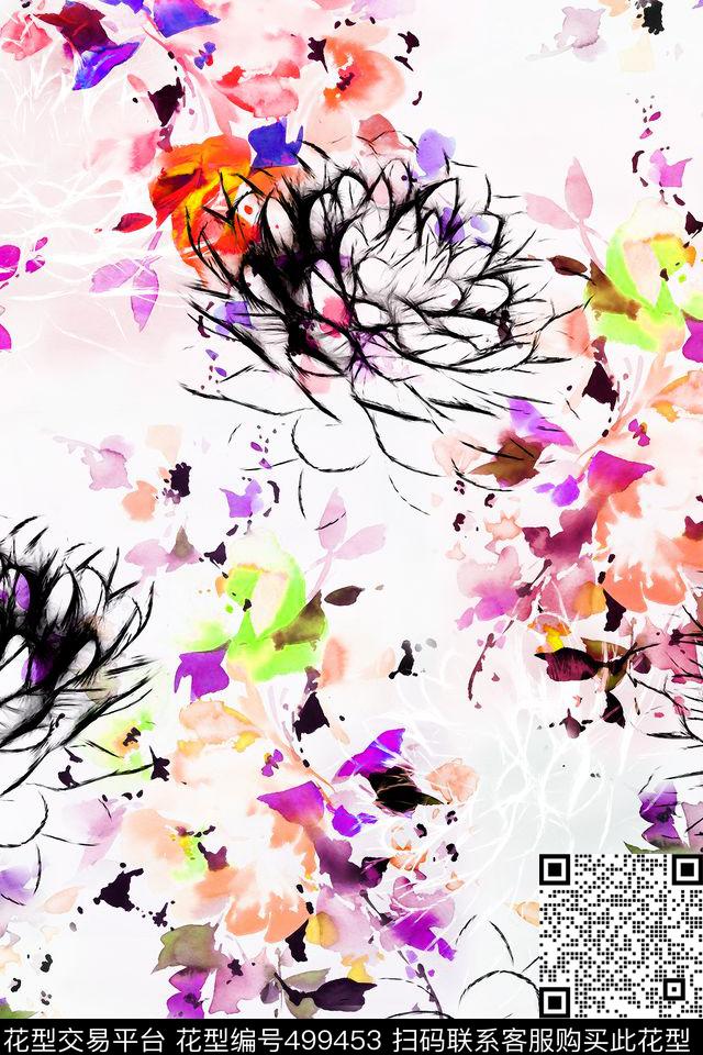 花卉手绘水彩花卉花卉剪影组合数码印花华亿平台下载（图片编号: 499453） - 瓦栏（Walan）