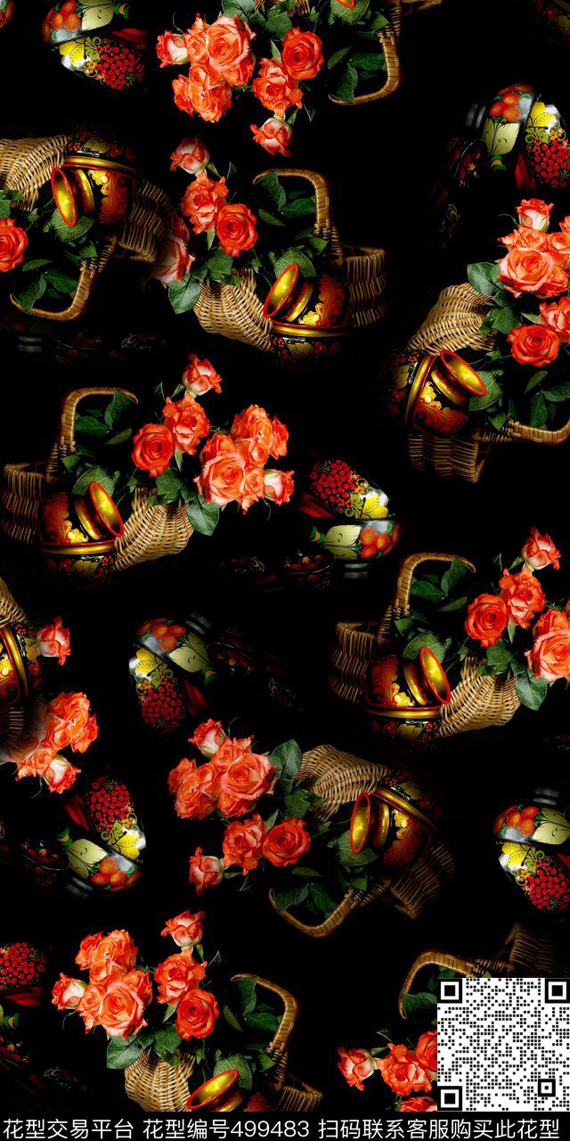 复古数码花卉黑底数码印花华亿平台下载（图片编号: 499483） - 瓦栏（Walan）