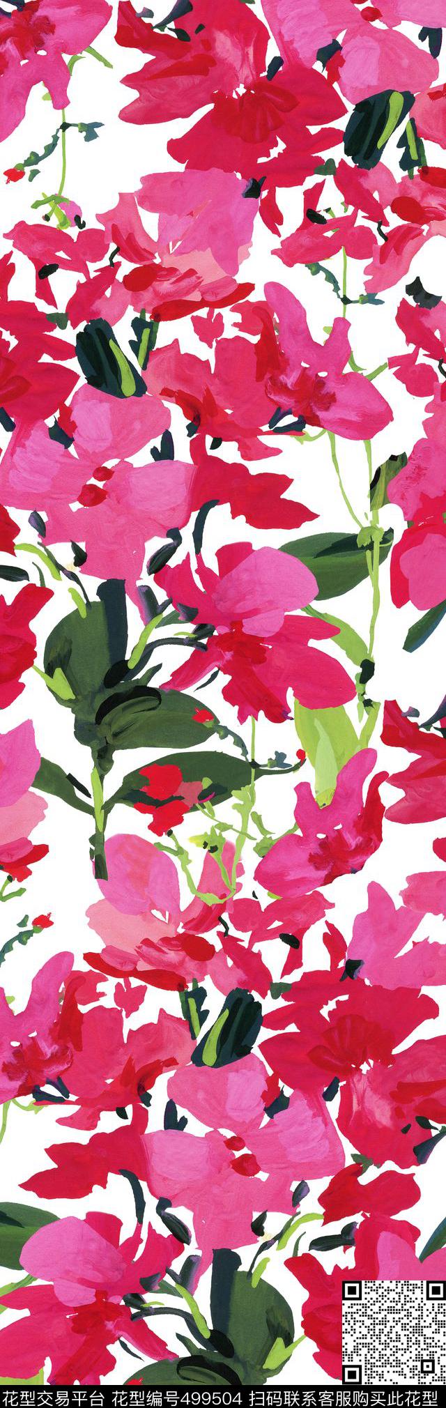 红色流行时尚水彩花卉数码印花华亿平台下载（图片编号: 499504） - 瓦栏（Walan）