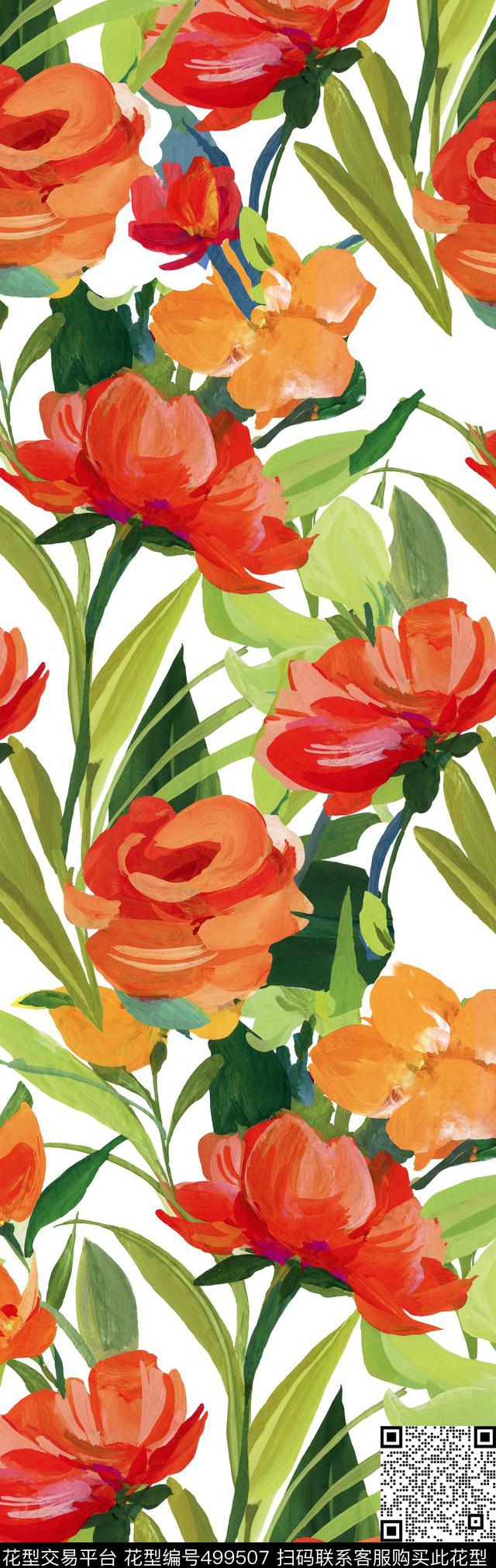 红色花卉流行时尚数码印花华亿平台下载（图片编号: 499507） - 瓦栏（Walan）