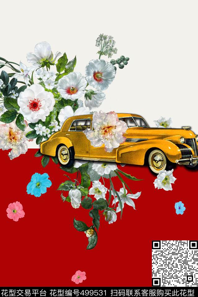 复古手绘车数码印花华亿平台下载（图片编号: 499531） - 瓦栏（Walan）