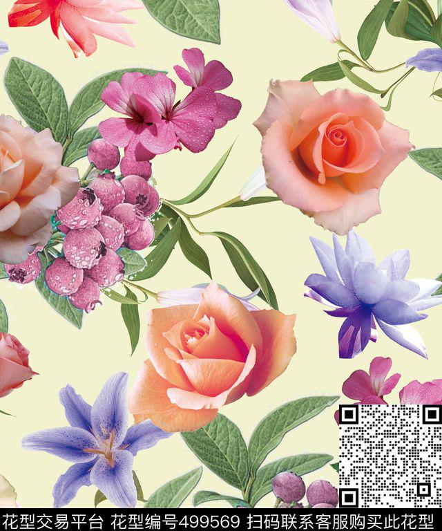 花卉散花纯色底数码印花华亿平台下载（图片编号: 499569） - 瓦栏（Walan）