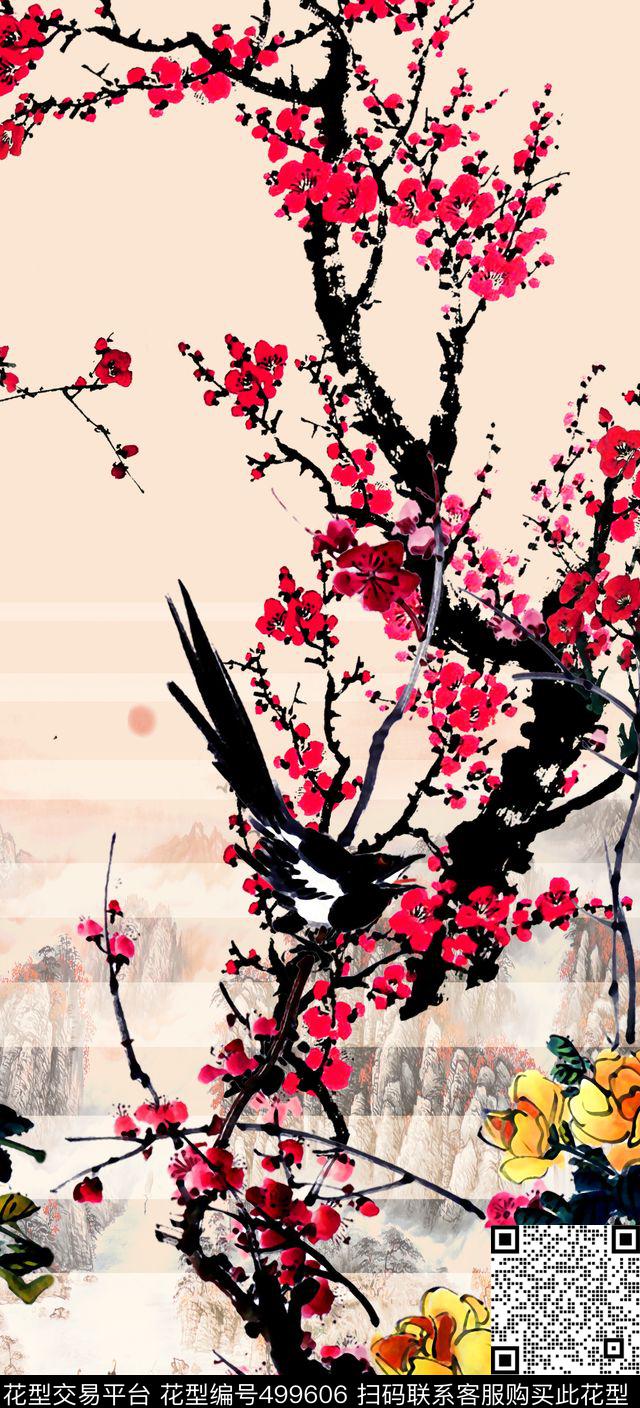 定位国画山水梅数码印花华亿平台下载（图片编号: 499606） - 瓦栏（Walan）