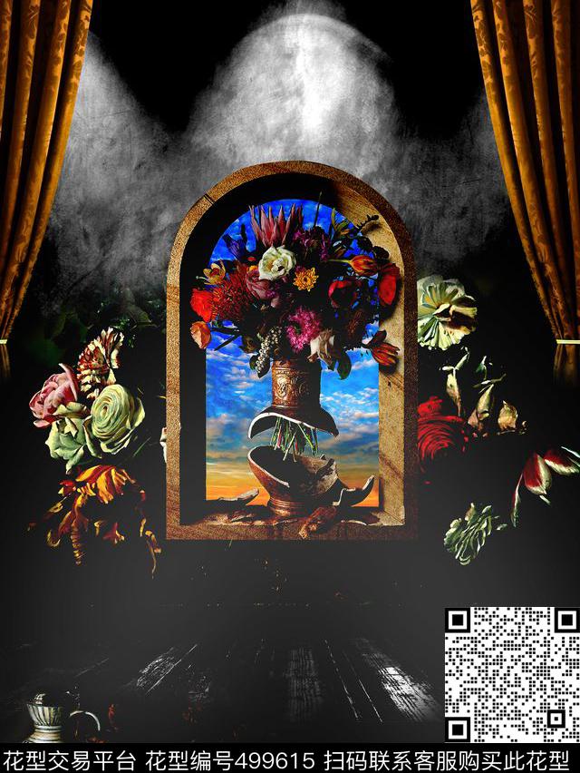 油画窗花瓶数码印花华亿平台下载（图片编号: 499615） - 瓦栏（Walan）