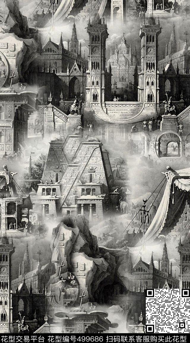 潮流时尚城市建筑复古插画数码印花华亿平台下载（图片编号: 499686） - 瓦栏（Walan）