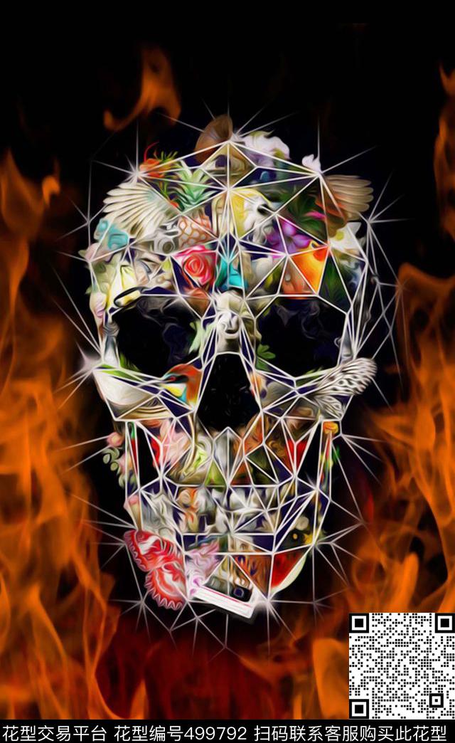 花朵火焰骷髅头数码印花华亿平台下载（图片编号: 499792） - 瓦栏（Walan）