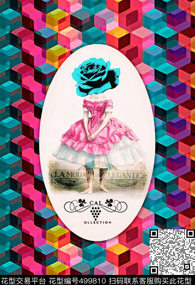 T恤图案彩色格子小女孩数码印花华亿平台下载（图片编号: 499810） - 瓦栏（Walan）