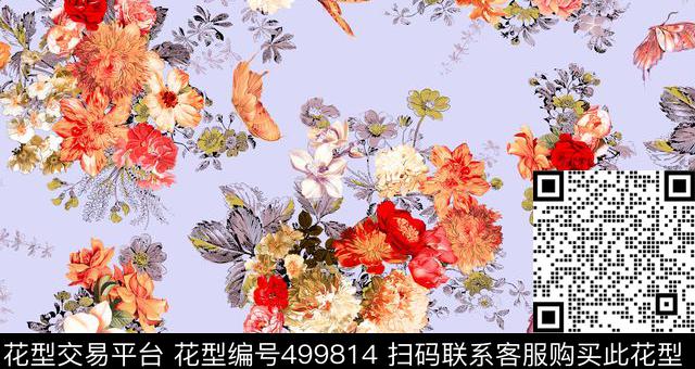 现代花卉抽象蝴碟传统印花华亿平台下载（图片编号: 499814） - 瓦栏（Walan）