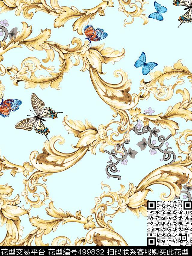 现代卷草蝴碟传统印花华亿平台下载（图片编号: 499832） - 瓦栏（Walan）