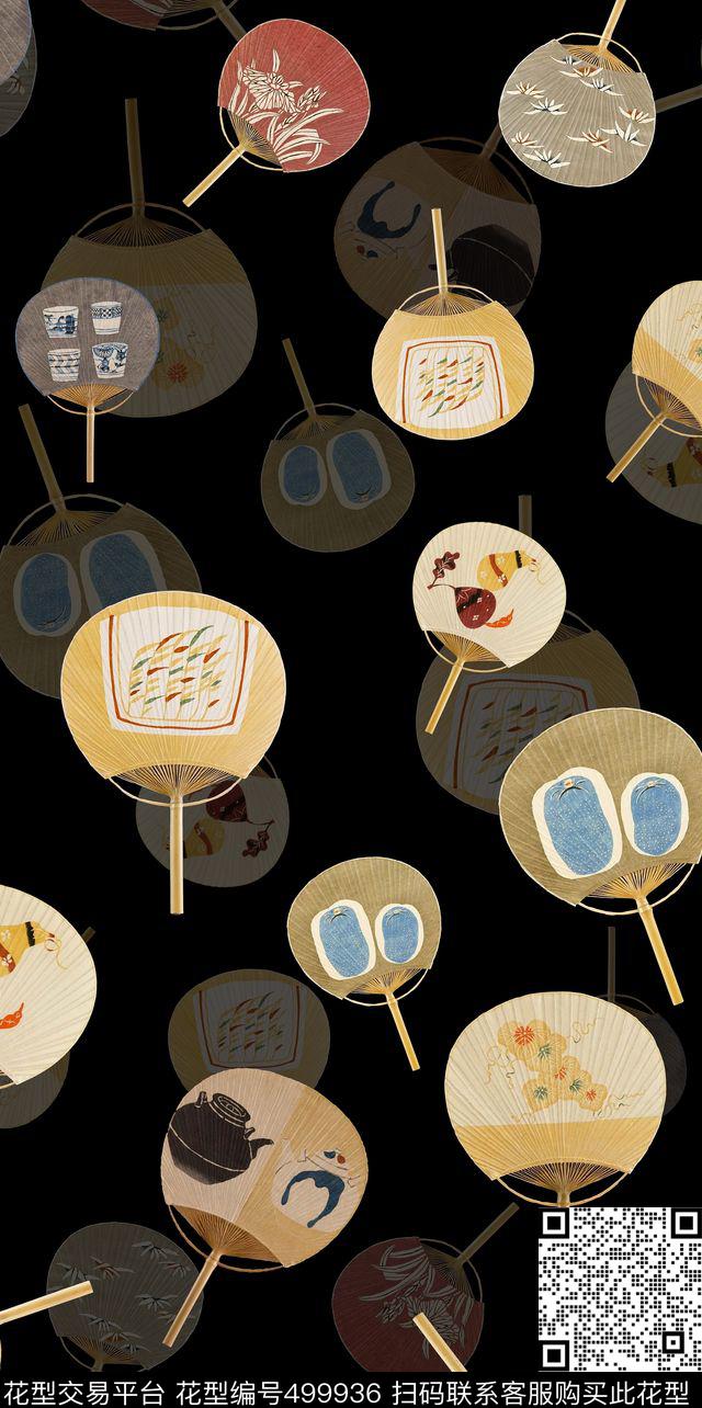 复古扇子东方数码印花华亿平台下载（图片编号: 499936） - 瓦栏（Walan）