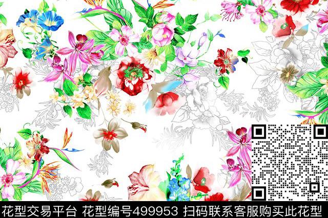 仿数码花卉清爽干净数码印花华亿平台下载（图片编号: 499953） - 瓦栏（Walan）