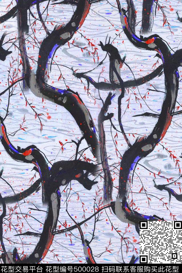 手绘清爽水墨风景手绘数码印花华亿平台下载（图片编号: 500028） - 瓦栏（Walan）