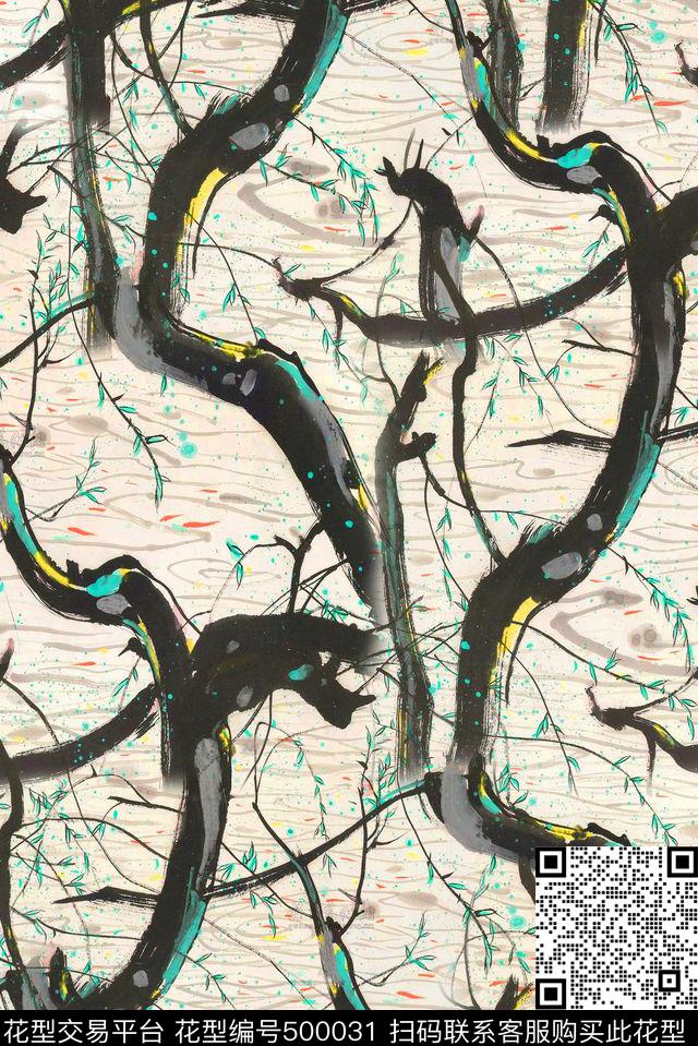 手绘清爽水墨风景手绘数码印花华亿平台下载（图片编号: 500031） - 瓦栏（Walan）