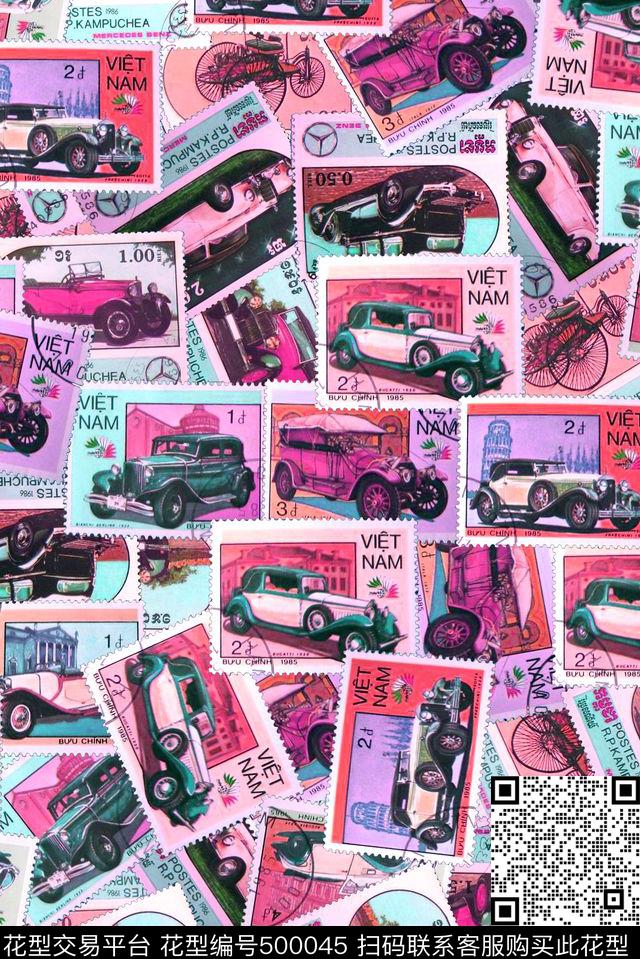 复古休闲风汽车邮票手绘数码印花华亿平台下载（图片编号: 500045） - 瓦栏（Walan）