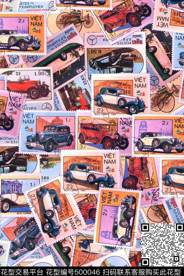 复古休闲风汽车邮票手绘数码印花华亿平台下载（图片编号: 500046） - 瓦栏（Walan）
