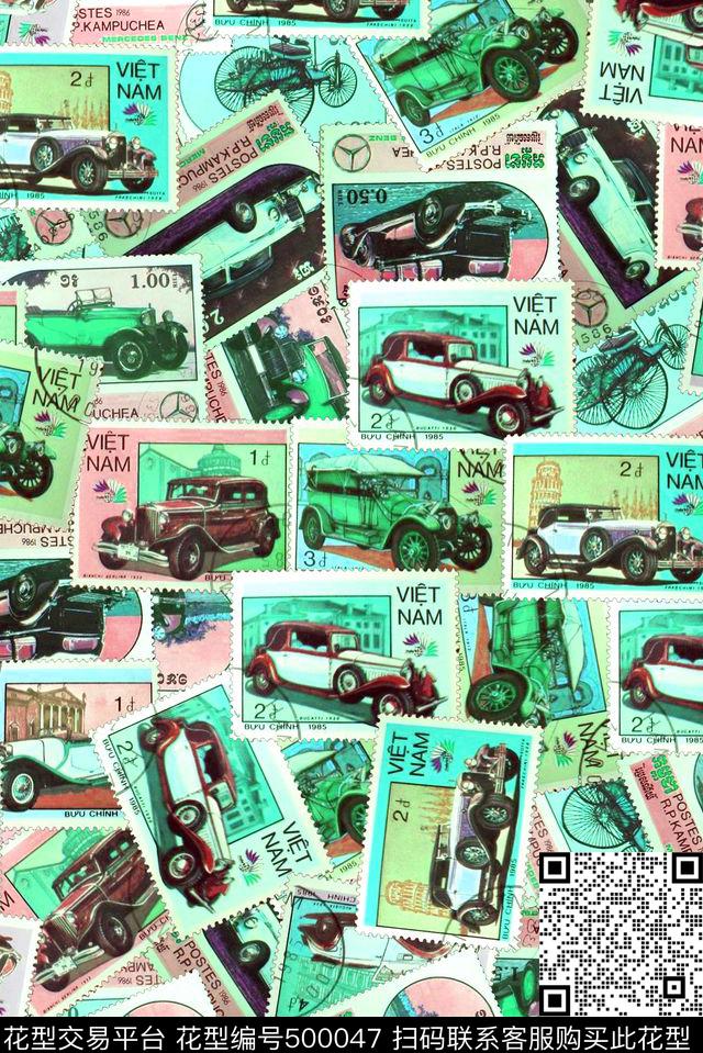 复古休闲风汽车邮票手绘数码印花华亿平台下载（图片编号: 500047） - 瓦栏（Walan）