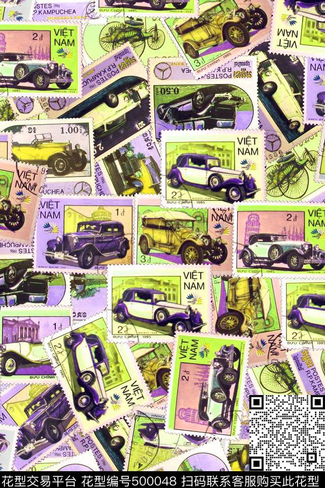 复古休闲风汽车邮票手绘数码印花华亿平台下载（图片编号: 500048） - 瓦栏（Walan）