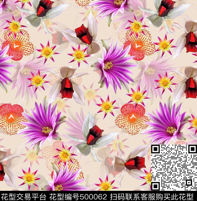 潮流时尚清爽花卉写实花卉数码印花华亿平台下载（图片编号: 500062） - 瓦栏（Walan）
