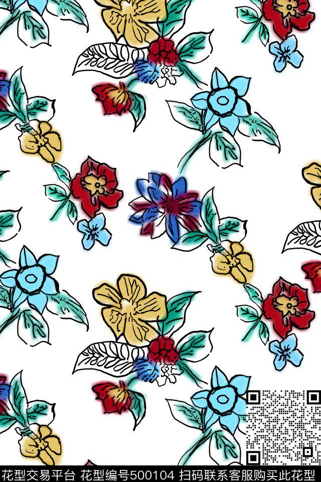 田园花卉手绘数码印花华亿平台下载（图片编号: 500104） - 瓦栏（Walan）