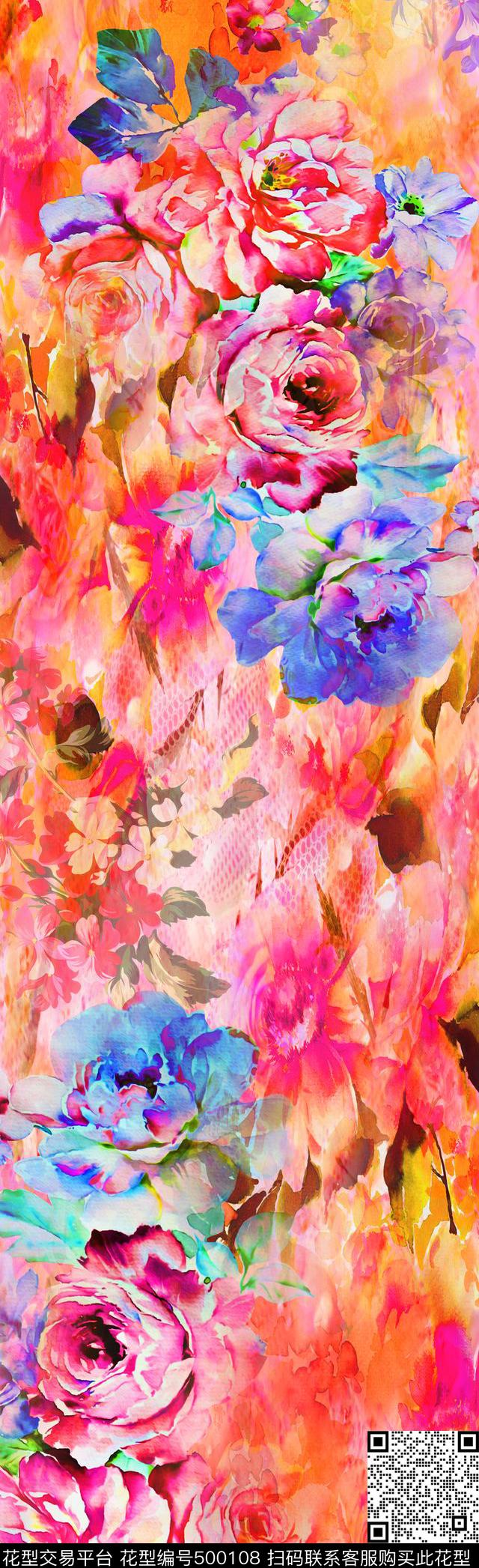 数码手绘花卉围巾华亿平台数码印花华亿平台下载（图片编号: 500108） - 瓦栏（Walan）