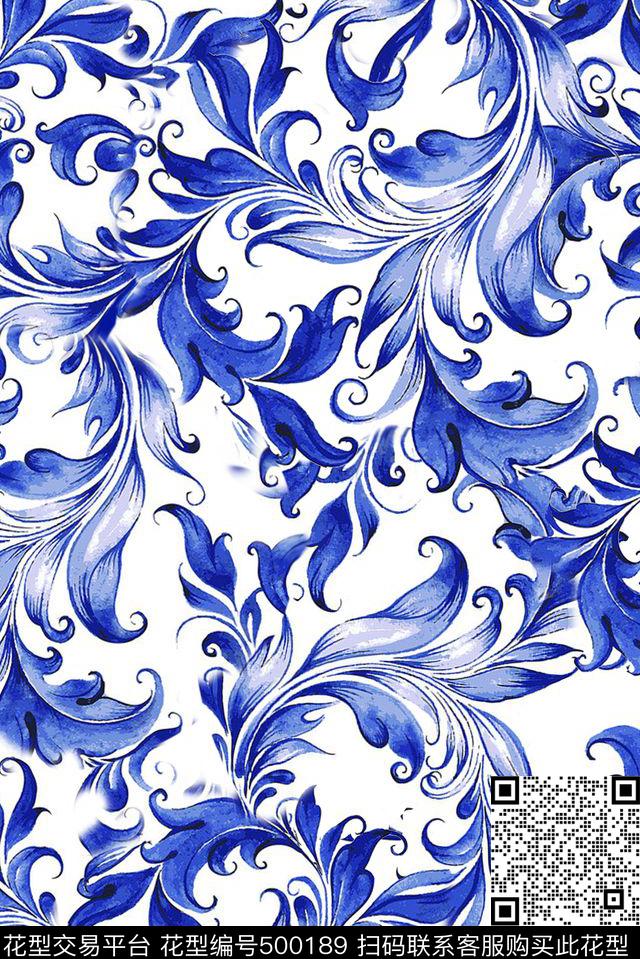 民族风青花卷草纹蓝色青花瓷数码印花华亿平台下载（图片编号: 500189） - 瓦栏（Walan）