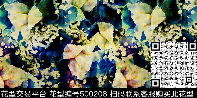 抽象油画百合花数码印花华亿平台下载（图片编号: 500208） - 瓦栏（Walan）