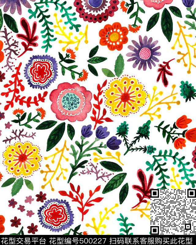 手绘花卉水彩数码印花华亿平台下载（图片编号: 500227） - 瓦栏（Walan）