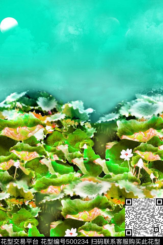 荷叶云彩月光数码印花华亿平台下载（图片编号: 500234） - 瓦栏（Walan）